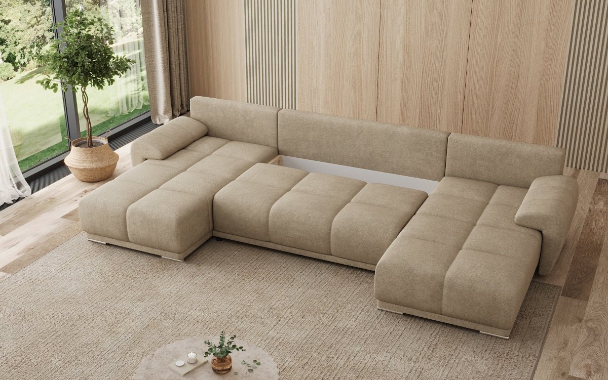 Designer sofa Leni U with sleeping and folding function in fabric