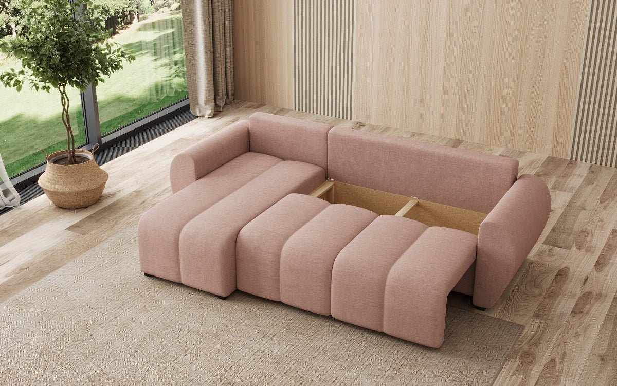 Designer sofa Sorella L with sleeping and folding function in fabric