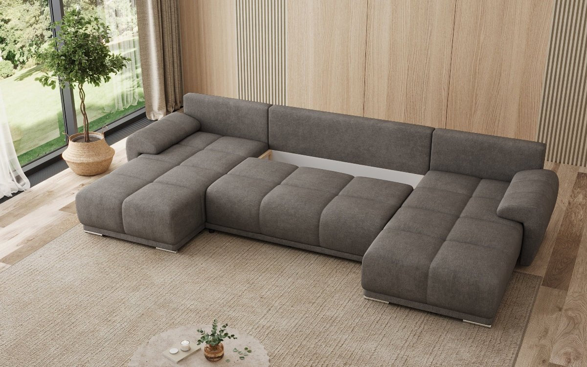 Designer sofa Leni U with sleeping and folding function in fabric