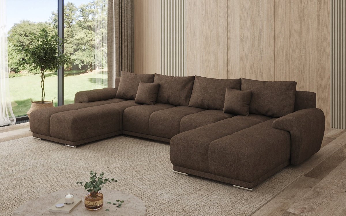 Designer sofa Leni U with sleeping and folding function in fabric