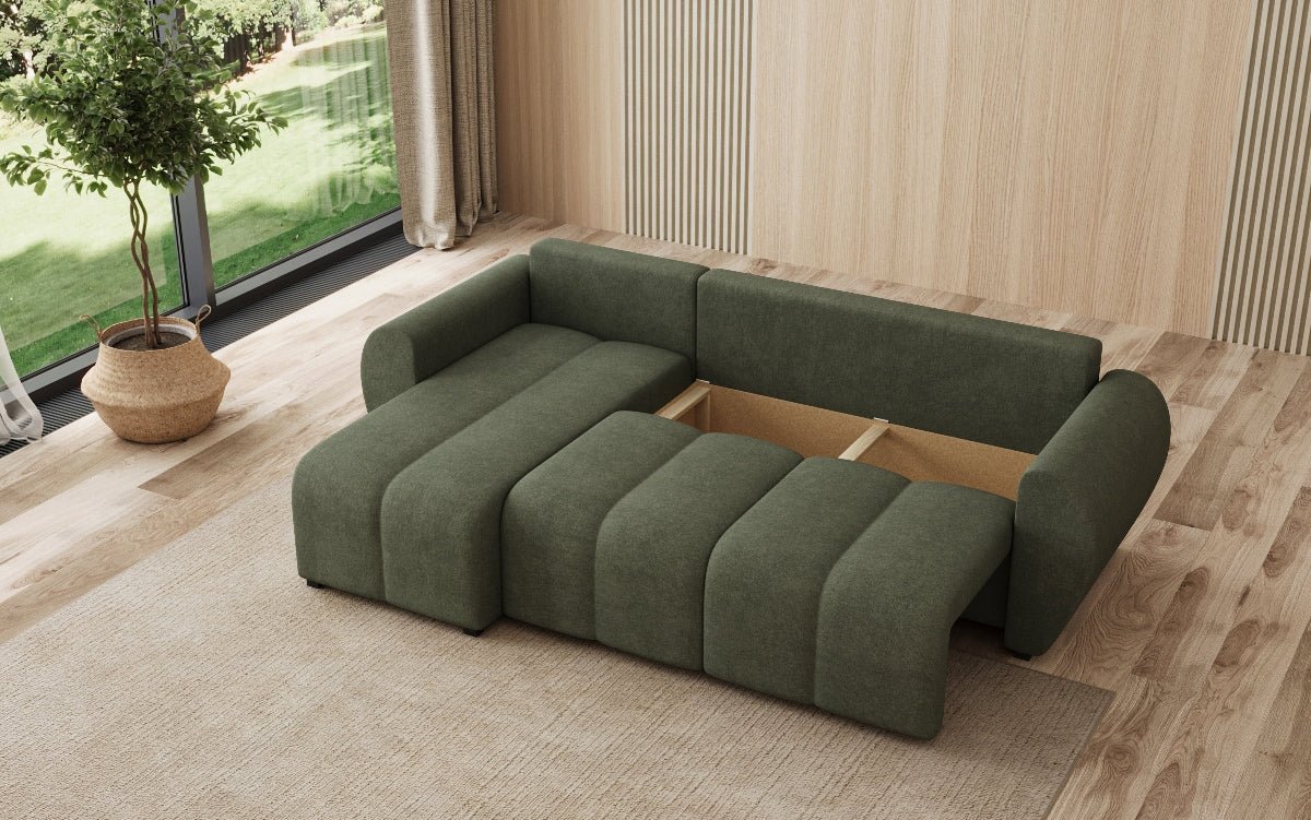 Designer sofa Sorella L with sleeping and folding function in fabric