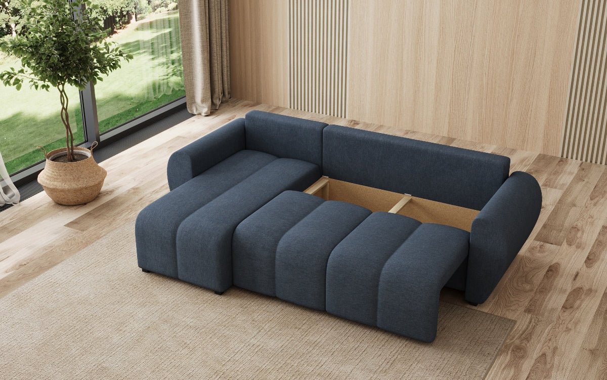 Designer sofa Sorella L with sleeping and folding function in fabric