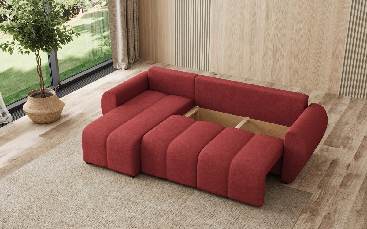 Designer sofa Sorella L with sleeping and folding function in fabric