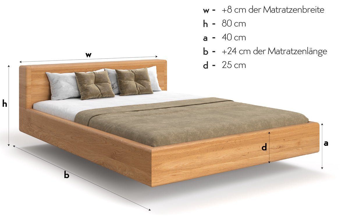 Designer Holzbett Arvelo aus massiver Eiche in Schwebeoptik und geraden Headboard