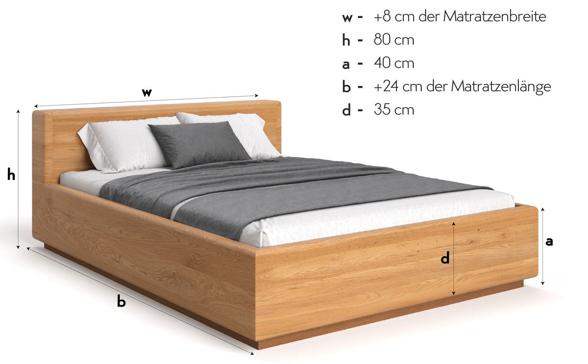 Designer wooden bed Calveno made of solid Oak with storage and straight headboard