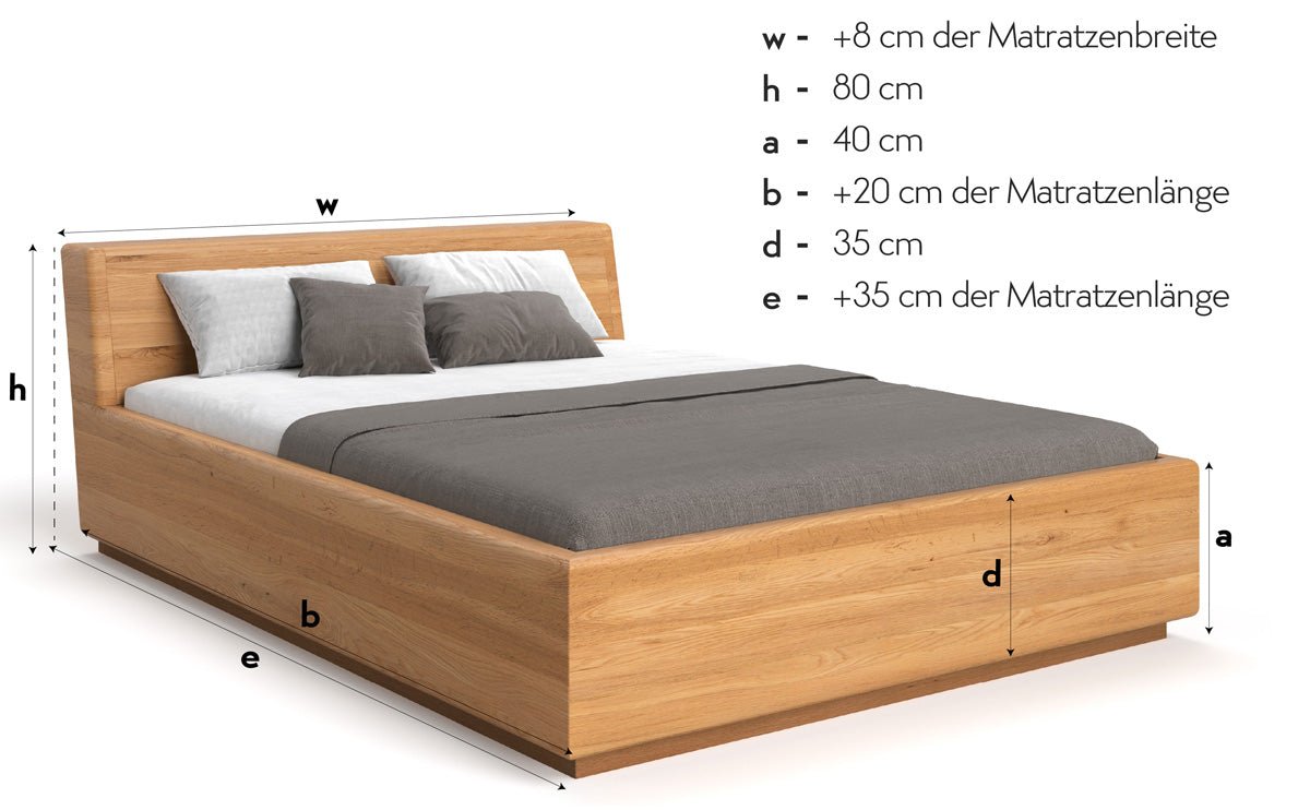 Designer wooden bed Calveno made of solid Oak with storage and slanted headboard