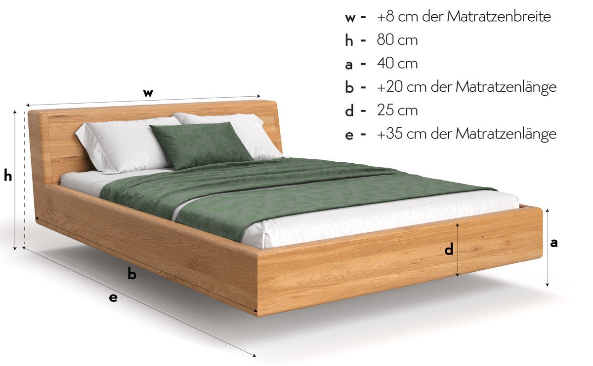 Designer wooden bed Arvelo made of solid Oak with floating appearance and slanted headboard